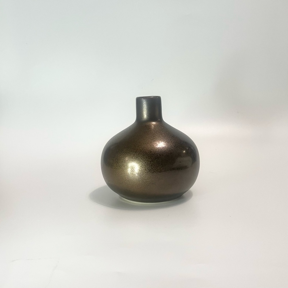 Mid-Century Modern Metallic Brushed Bronze Ceramic Bud Vase Round Small 4” Tall